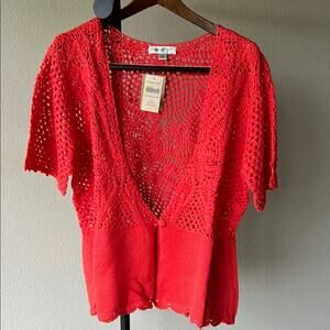 NWT Coldwater Creek Coral Crochet Craze Knit Short Sleeve Cardigan Sweater - 1X
